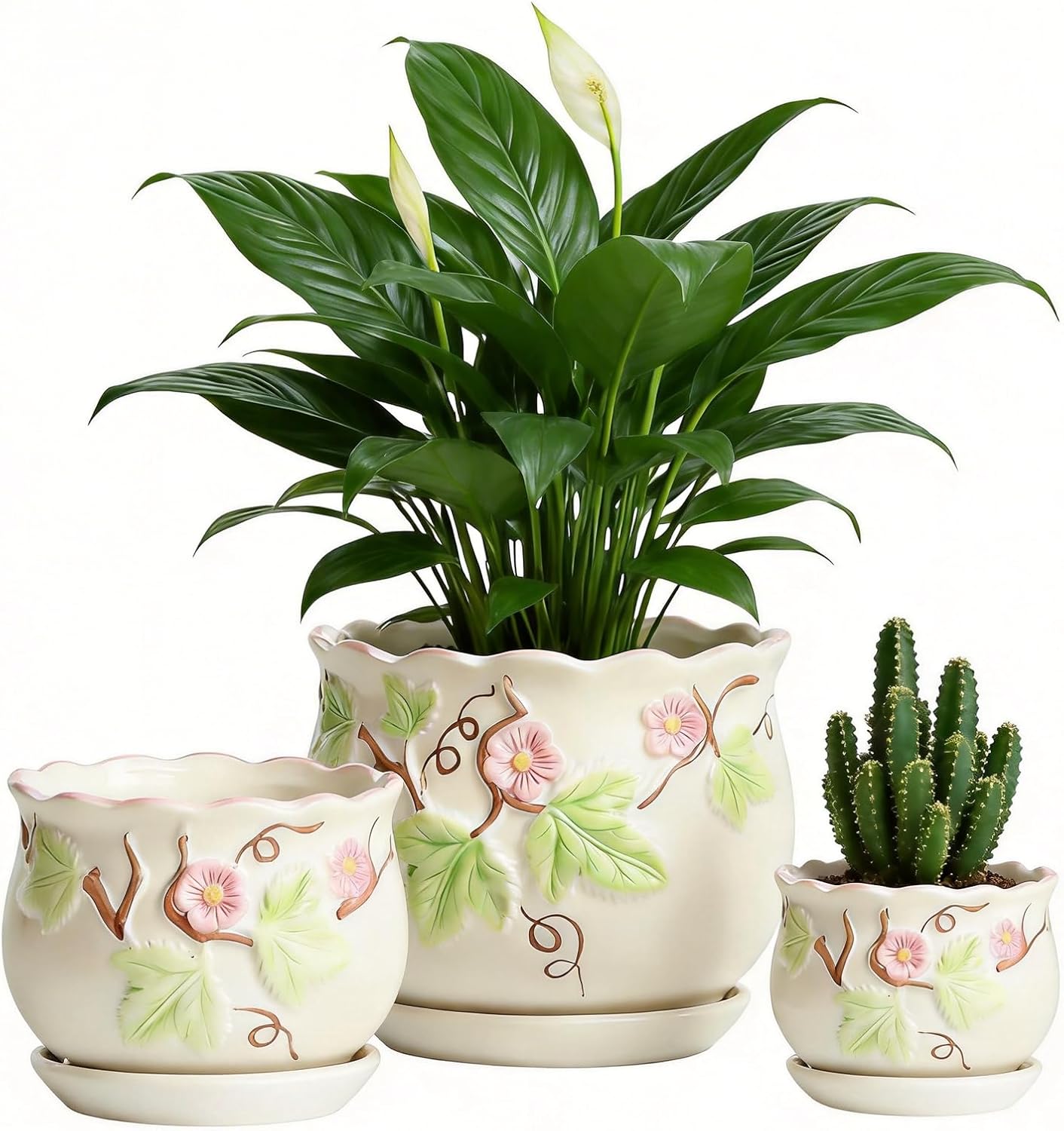 Vintage Flower Pots for Indoor Plant, Round Ceramic Plant Pots with Drainage Holes and Saucers, 6.7/5.2/3.9 Inches Retro Flower Planters Set of 3 (Morning Glory)