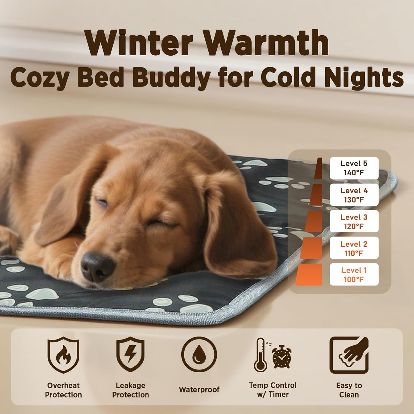 furrybaby Dog Heating Pad (24 x 16 in), Waterproof Pet Heating Pad for Dogs & Cats, Timer or Always-On Mode, Adjustable Temperature, Chew-Resistant, Black