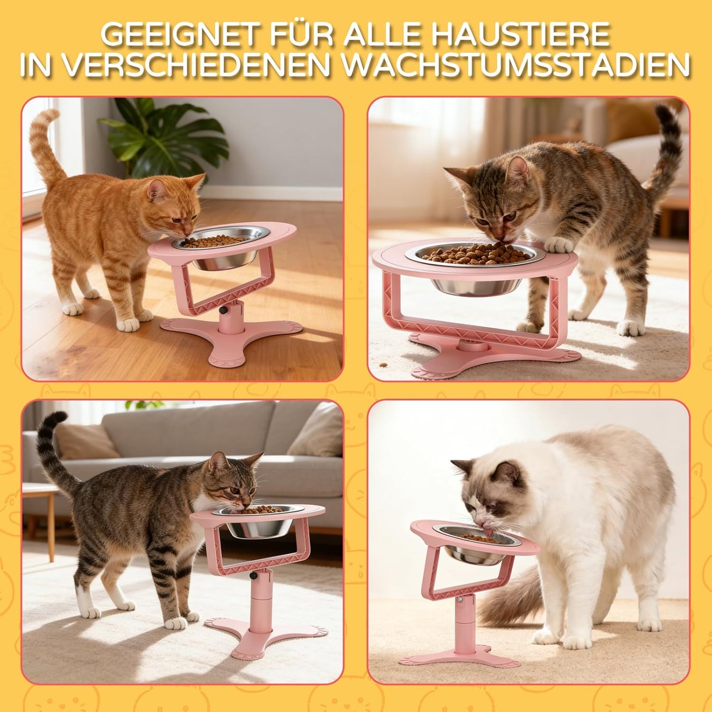 Raised Cat Bowls with Height-Adjustable Stand 15° Tilted Cat Food Bowls Non-Slip Feeder Adjusts to 2.4", 4.02",5.98" with Stainless Steel Bowls Whisker Friendly for Cats and Puppy