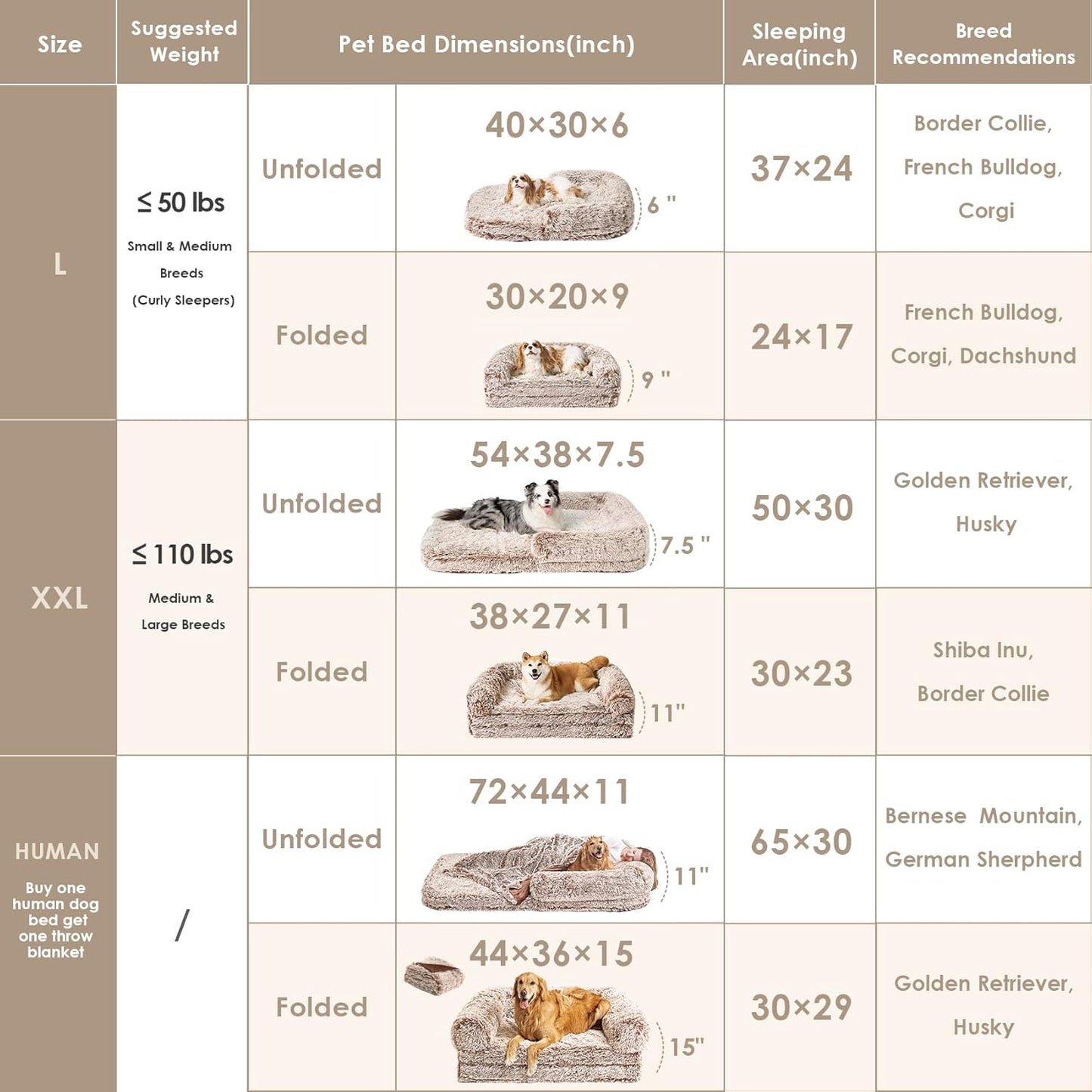 EHEYCIGA Foldable XXL Dog Bed for Large Sized Dog, 54"x38"x7.5" Faux Fur Fluffy Pet Couch Bed, Orthopedic Calming Memory Foam Big Pet Bed, Washable Pet Sofa Bed with Non-Slip Bottom, Faded Brown