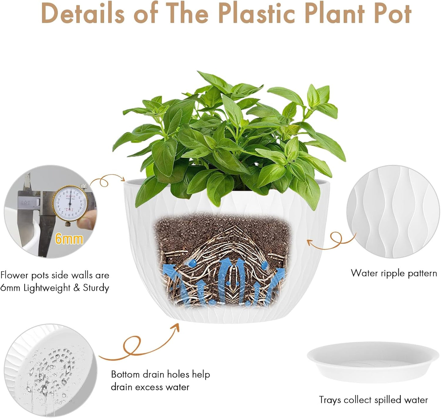 12 Inch Large Plant Pots for Indoor or Outdoor Plants, Wide Water Ripples Flower Pots with Drainage Holes & Saucer, Plastic Planters Set for Garden & Home Decor (White)