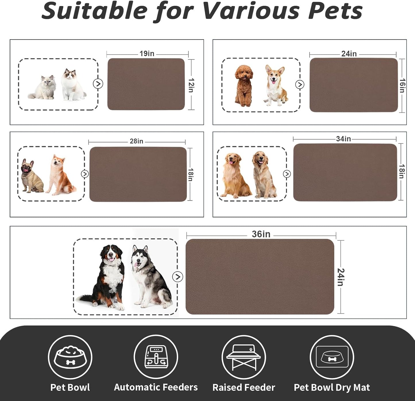 Dog Food Mat - Absorbent Cat Mat for Food and Water, No Stains Pet Feeding Bowl Mat, Easy to Clean Pet Placemats, Quick Dry Dog Water Dispenser Mat for Messy Drinkers | Brown 16"x 24"