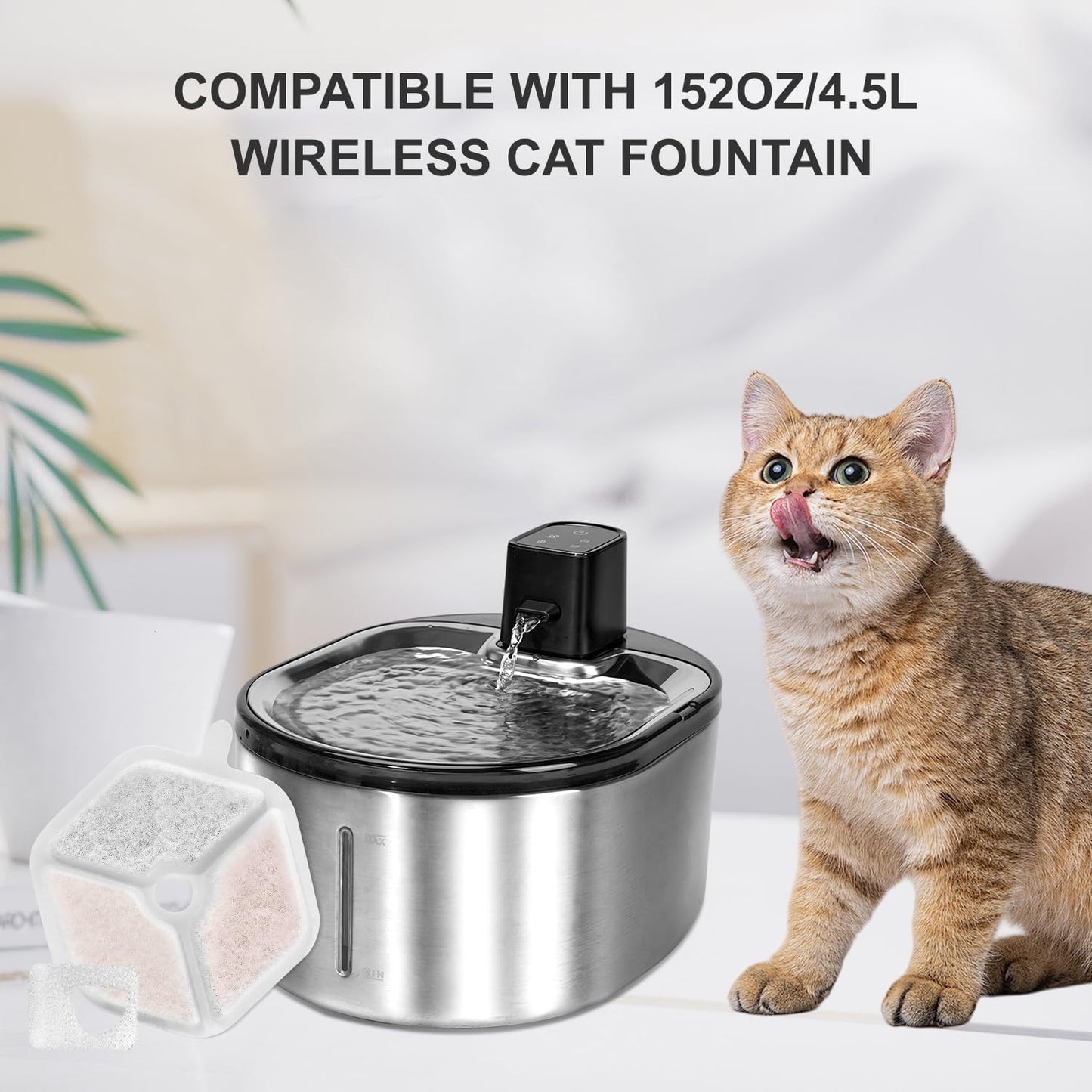 18 Filters + 18 Sponges Cat Water Fountain Filters, Triple Action, 4.5L Capacity, Compatible with 152oz Wireless Stainless Steel Cat Water Fountain