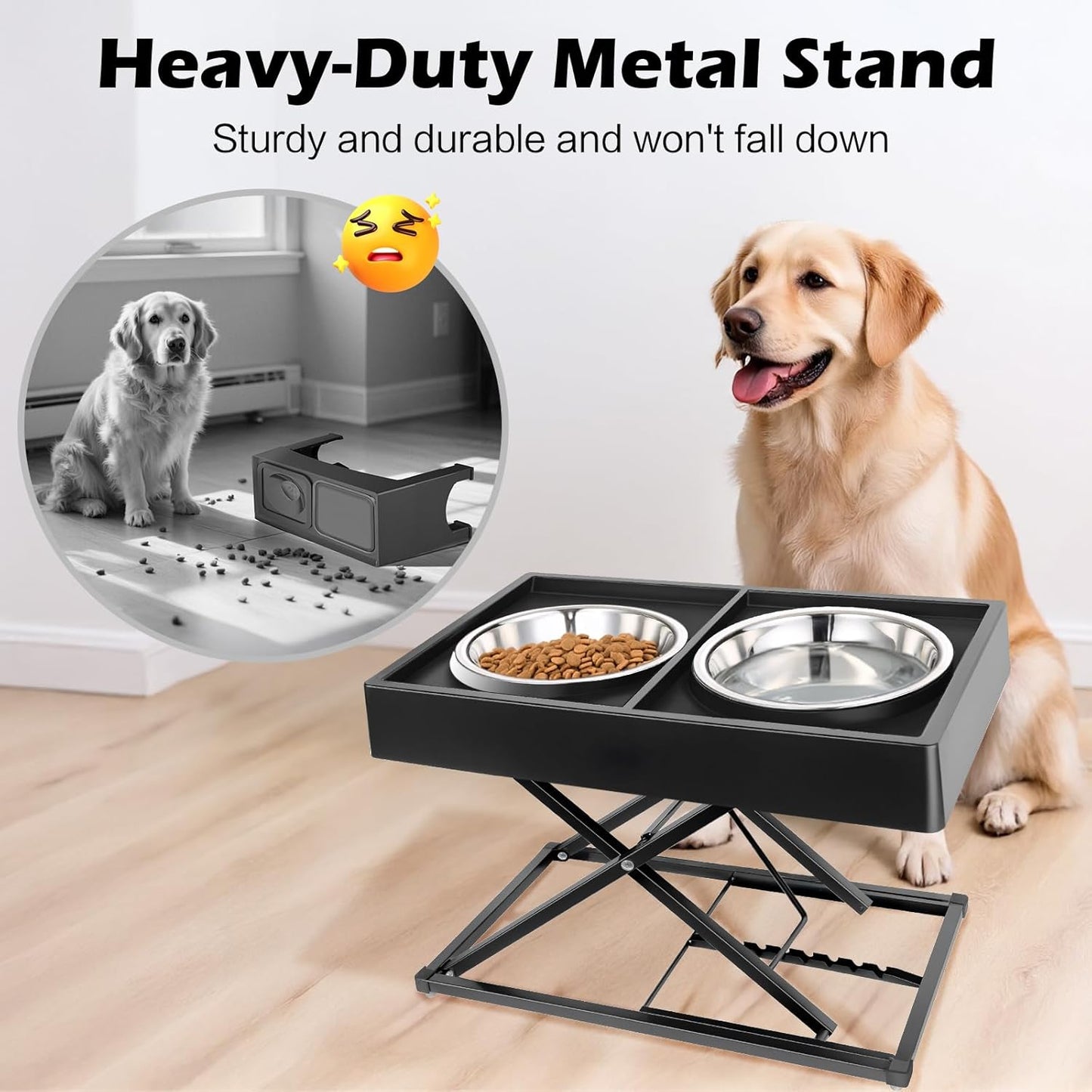 Joytale Metal Stand Elevated Dog Bowls, Heavy Duty 9 Adjustable Height from 9" to 17.5" Dog Food Stand, 2 Stainless Steel Bowls, Non-Slip and Non Spill Raised Food & Water Station for Large Breeds