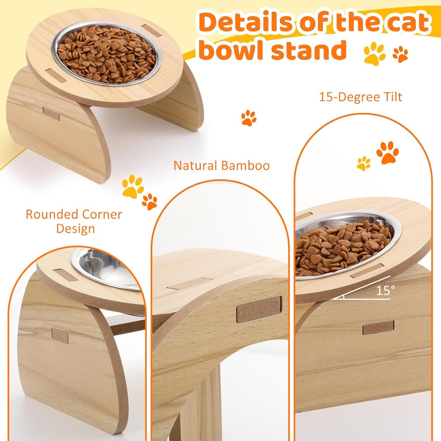 4 Pcs Elevated Stainless Steel Cat Bowls Bamboo Cats Feeding Station Stand, 15°Tilted 5.7 Inches Shallow Wide Raised Metal Cat Bowls for Pet Water Food Shelf Dishes for Indoor Cats Puppy