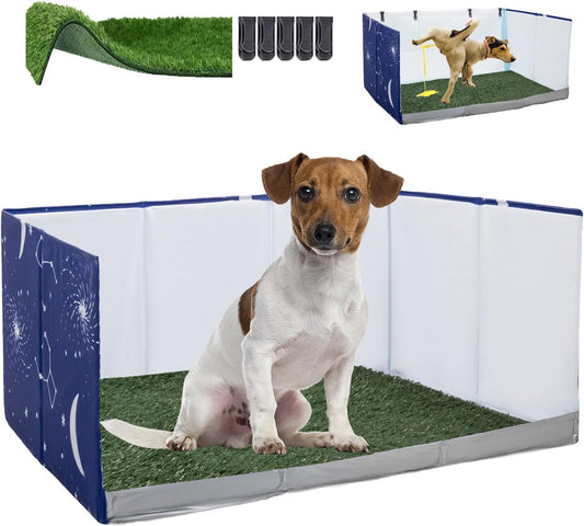 Dog Grass Pad with Tray,Foldable Dog Litter Box with High Walls,Odor Free Artificial Grass Pad for Dog Potty,No Assembly,No Spill, Waterproof, Easy to Clean (Blue star, M-36''Lx23.6''Wx16''H)