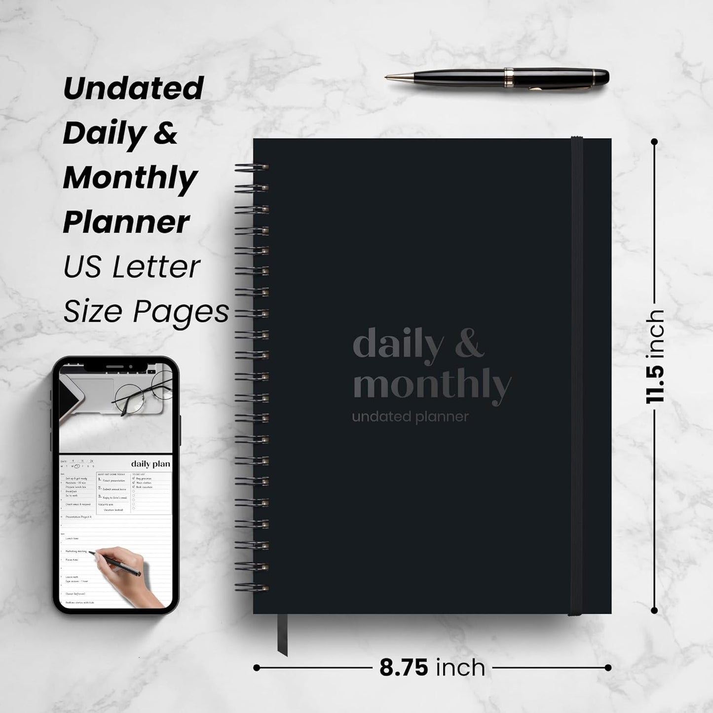 Undated Daily Planner | 2026 Calendar | Large Daily and Monthly Planner with Hourly Schedule, 8.5" x 11" | 6 Month, Full Page a Day, To do List, Time Blocking, Black Aesthetic Hardcover Spiral Notebook