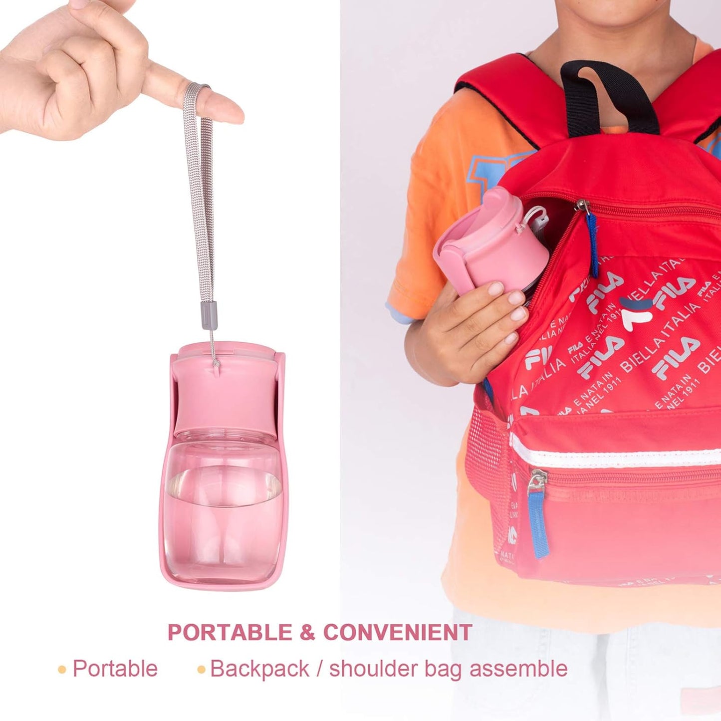 Portable Dog Water Bottle, Foldable Dog Water Bottle Leak Proof Dispenser for Puppy Small Medium Large Dogs, Pet Drink Cup for Walking Hiking Traveling(Pink,12oz)