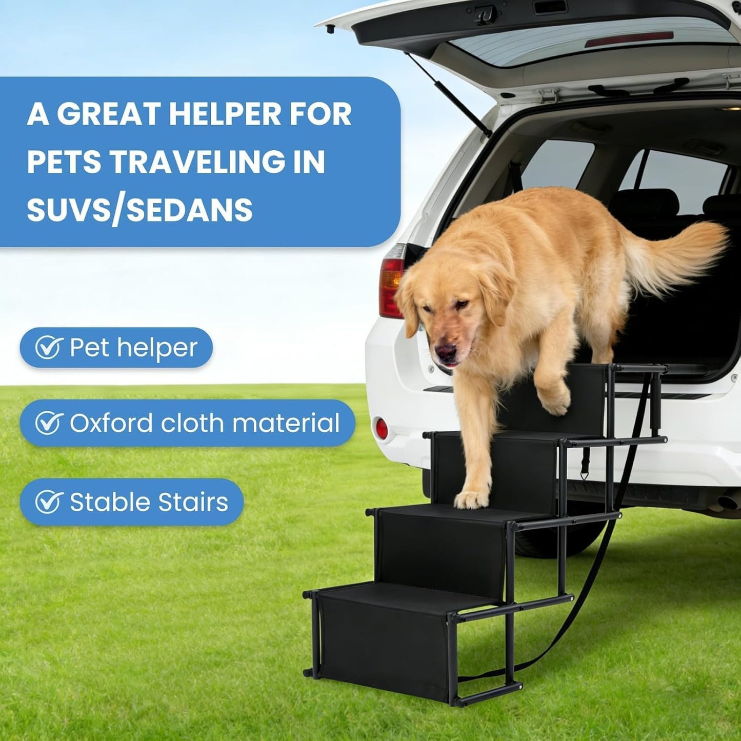 Extra Wide 4 Steps Dog Vehicle Ramps | Portable Non-Slip Pet Stairs for Cars, Trucks & SUVs | Folding Dog Ladder for High Beds | Supports Up to 200 Lbs