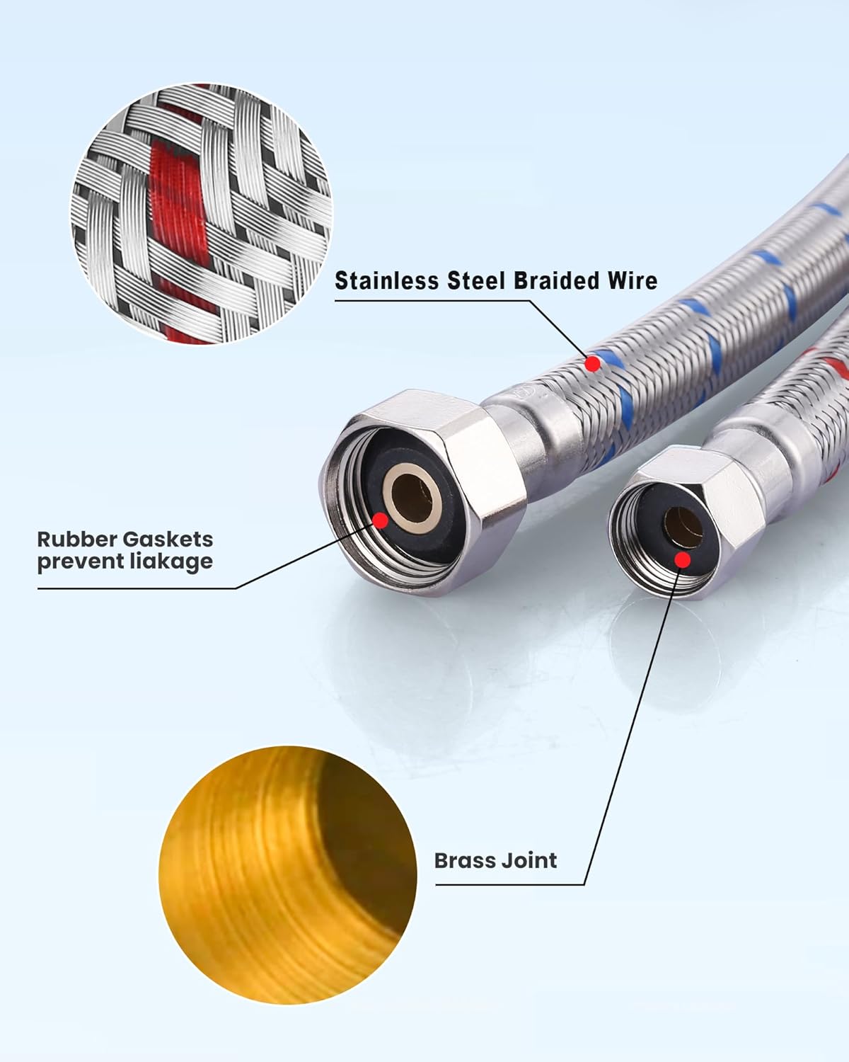 48-Inch Faucet Supply Lines: Braided Stainless Steel Flexible Faucet Hose Connector - 3/8" Compression x 1/2" FIP Water Supply Lines for Kitchen Bathroom Sink Hose Extension 2pcs