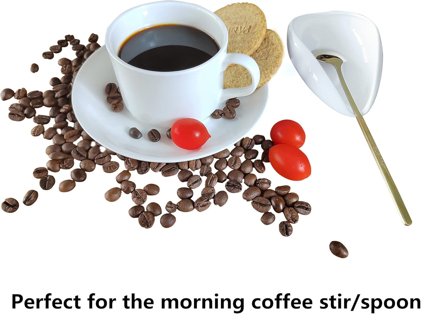 Coffee Spoon Rest, Mini Coffee Spoon Holder, Small Ceramic Spoon Rest for Coffee Stirrers, Teaspoon, Bar Spoon, Coffee Bar Accessories, Coffee Station (Ture white+Gold Spoon)