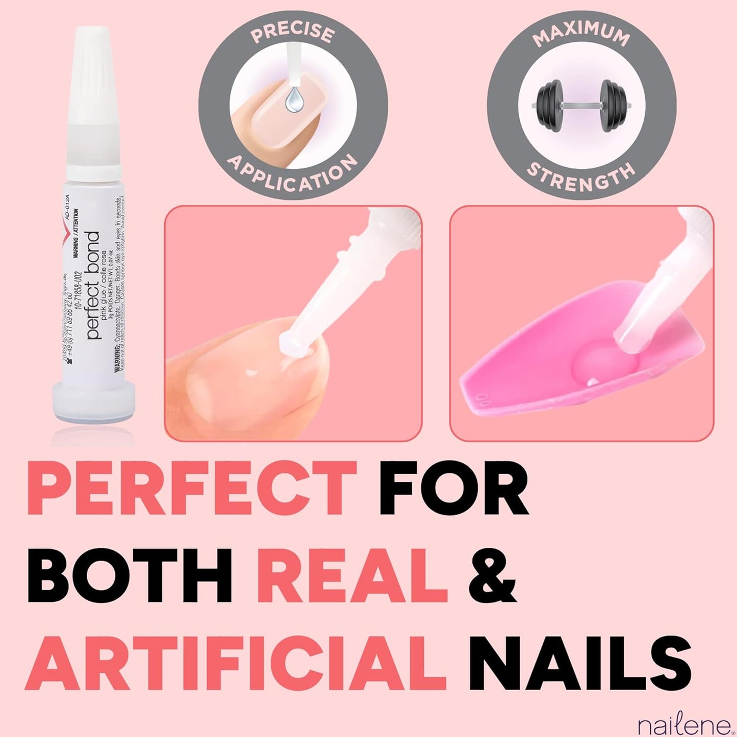 Nailene Perfect Bond Nail Glue, Super Strong, Durable, Easy to Apply Acrylic Nails, Press On Nails, Repairs Natural Nails, Quick Drying Nail Adhesive, Lasts 7 Days, Pink Tint, 2 g/0.07 oz, 2 Pack