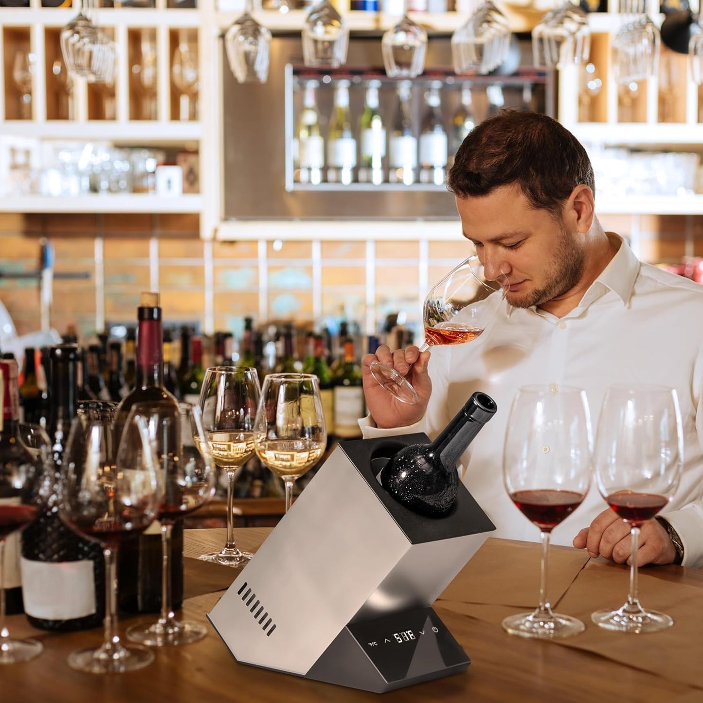 Electric Wine Chiller, Single Bottle Cooler for 750ml Wine or Some Champagne,Stainless Steel Iceless Cooler Keep Cold Up to 24h,Kitchen,Bar and RV Vino Accessory,Gift for Vino Lover