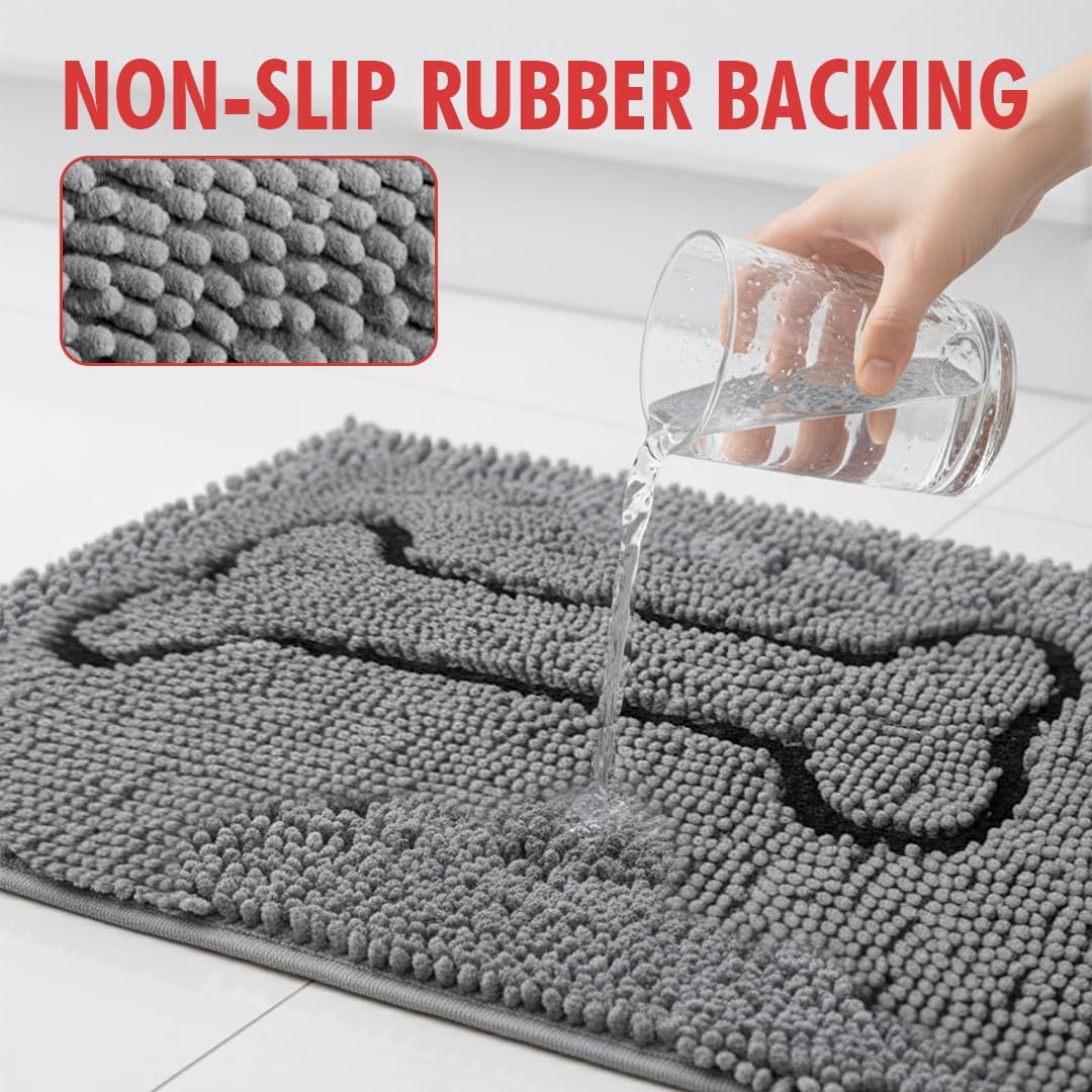 MUDGUARD MAT™ Dog Door Mat with Bone Design, Super Absorbent Microfiber Chenille, Non-Slip Quick-Dry Indoor Rug for Muddy Paws, Pets & Entryway, Machine Washable, Grey 19"x30"