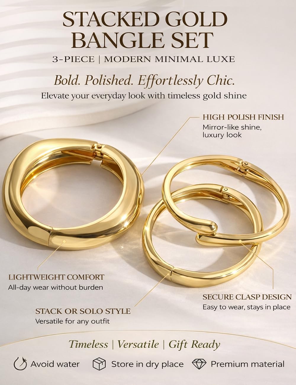 Chunky Gold Bangle Bracelets for Women, Dainty 14k Gold Plated Big Stackable Bangles Set, Trendy Statement Cuff Bracelet Stack Fashion Jewelry Christmas Gifts