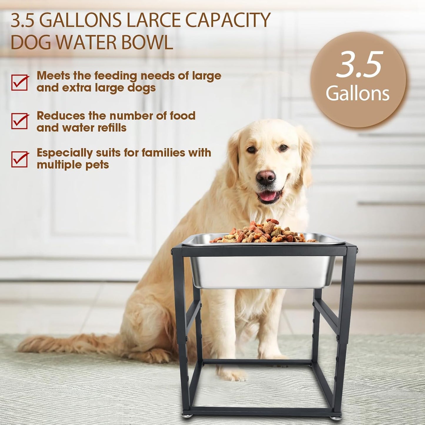 Elevated Dog Water Bowl 3.5 Gallons, 4 Height Adjustable Raised Dog Bowl Stand, Non-Slip, Stainless Steel Food & Water Feeding Bowls for Large Breed