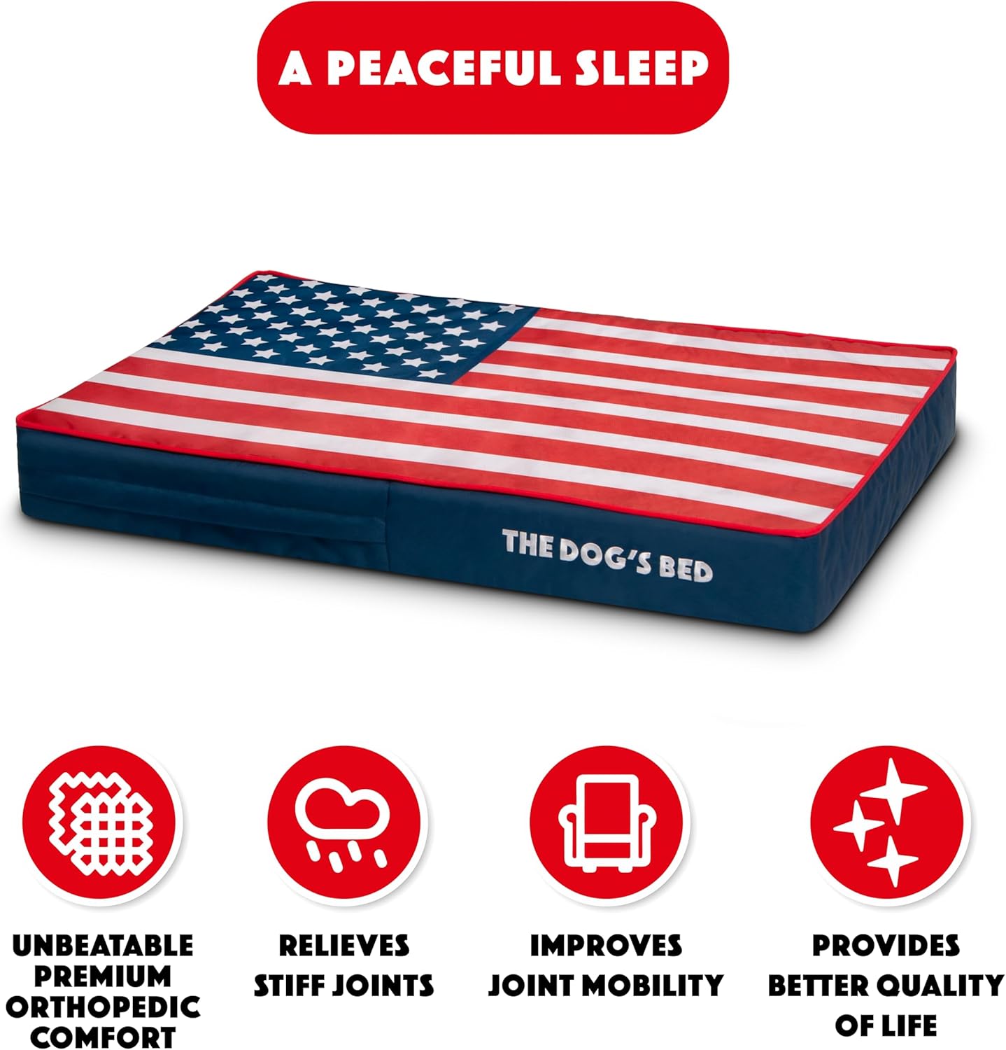The Dog’s Bed Orthopedic Memory Foam Dog Bed Mattress, Oxford Fabric, Blue & Red Trim USA Center Flag, Medium, 4-Inch