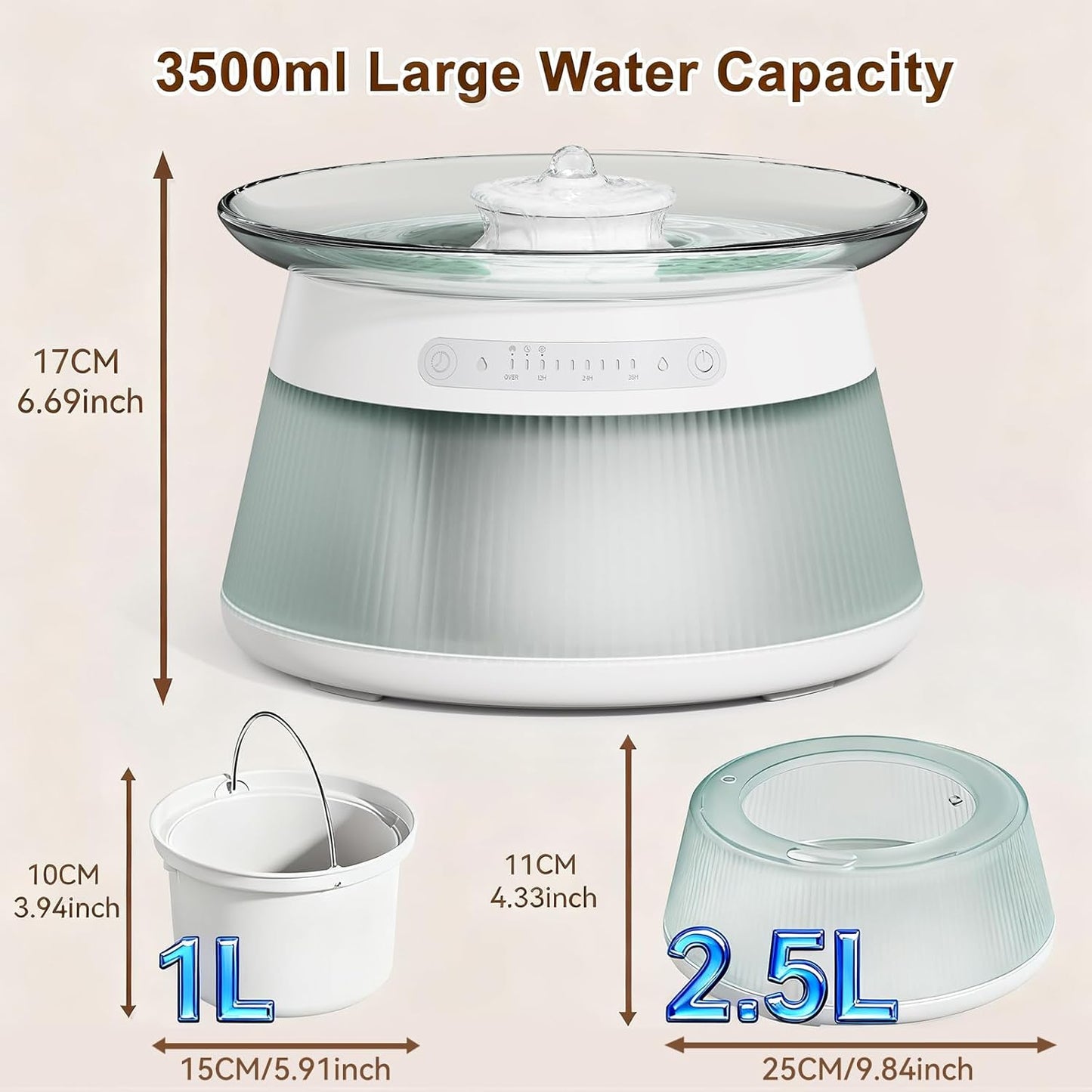 GJEASE Glass Smart Pet Water Fountain,Cat Drinking Water Fountain Bowl No Filter,Battery Operated Filterless Pet Water Fountain