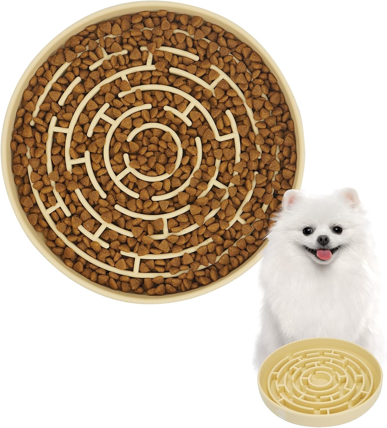 Silicone Maze Slow Feeder Bowl for Dogs and Cats, Non-Slip Puzzle Pet Dish with Food Dispersion, Easy Clean Interactive Bowl（Beige）