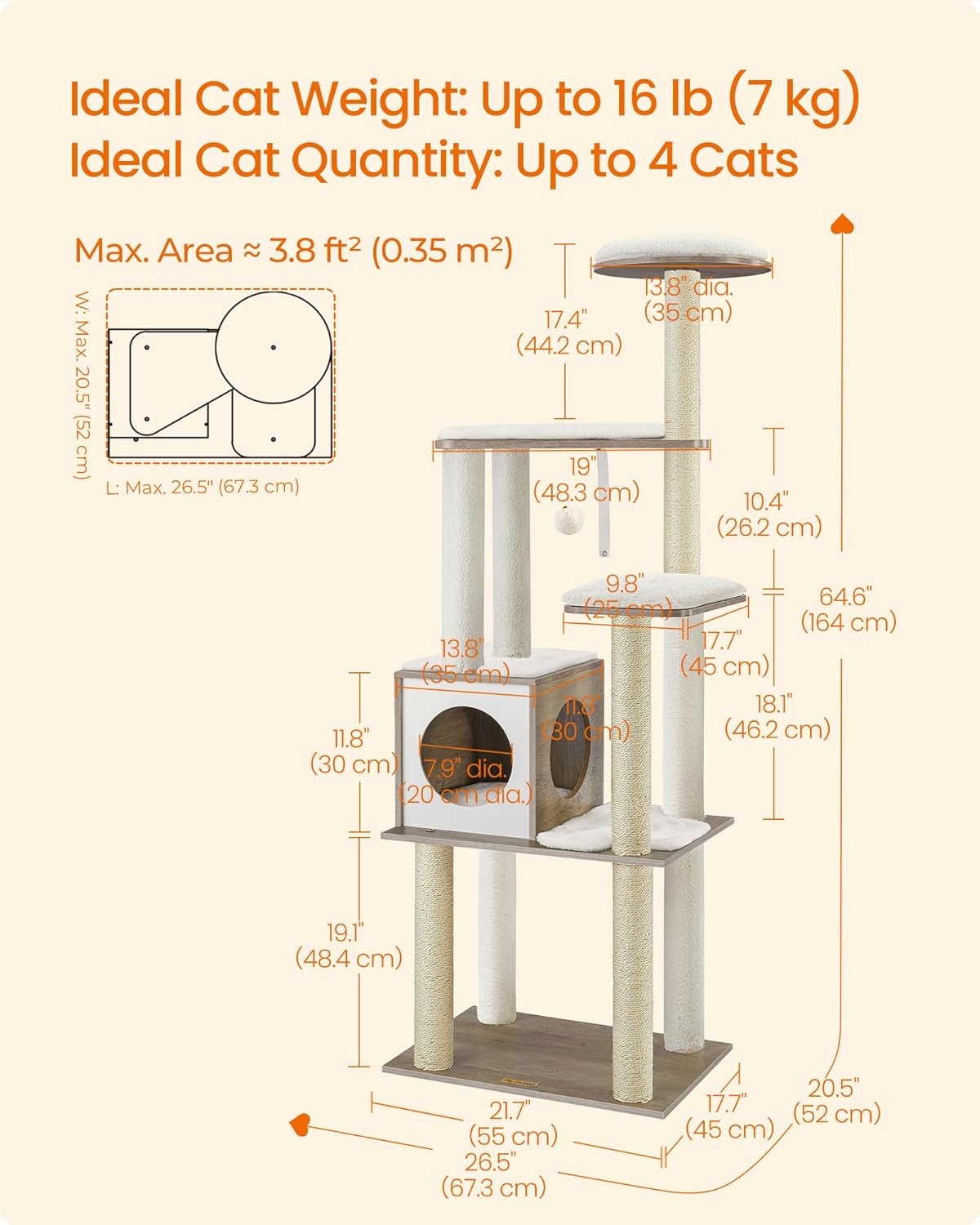 Feandrea Cat Tree, 64.6-Inch Modern Cat Tower, Multi-Level Condo with 5 Scratching Posts, Perch, Washable Removable Cushions, Cave, Heather Greige UPCT166G01
