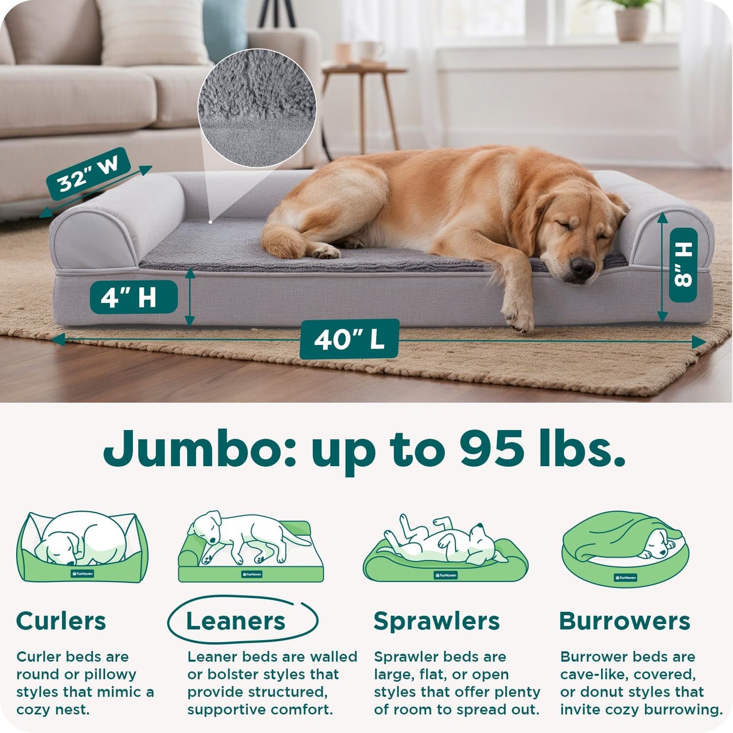 FurHaven Orthopedic Dog Bed for Large Dogs, Sofa-Style with Cool Gel-Top Foam with a Solid Orthopedic Foam Base for Joint Support, Removable Washable Cover, Jumbo XL, Plush & Suede, Gray