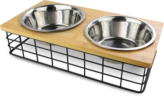 Barkley & Evans Elevated Double Pet Feeder, Removable Stainless Steel Bowls on Metal Stand, Raised Feeding Station for Pets, Dogs & Cats, Wet or Dry Food and Water - 1 Quart Bowls (32 fl. oz)