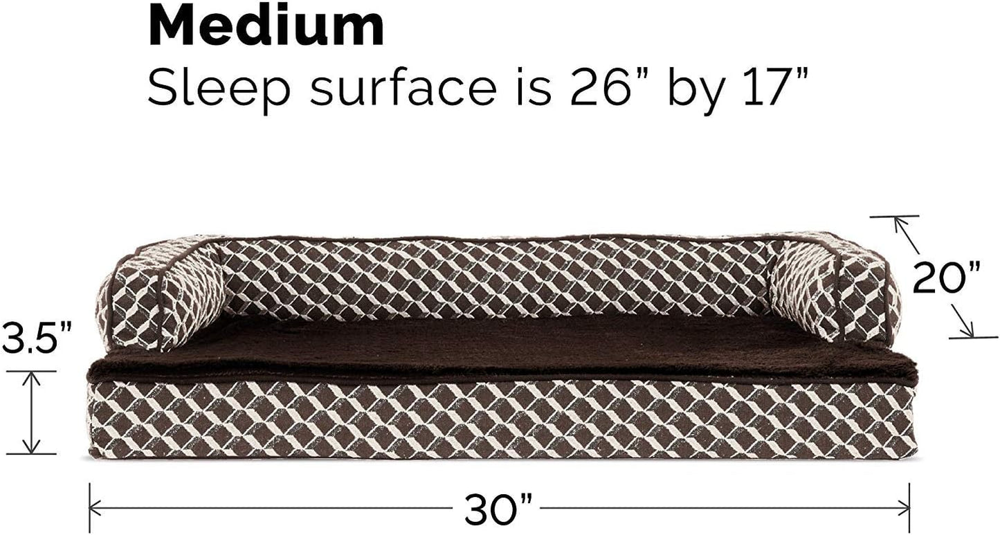 Furhaven Orthopedic Dog Bed for Medium/Small Dogs w/ Removable Bolsters & Washable Cover, For Dogs Up to 35 lbs - Plush & Woven Decor Comfy Couch Sofa - Diamond Brown, Medium