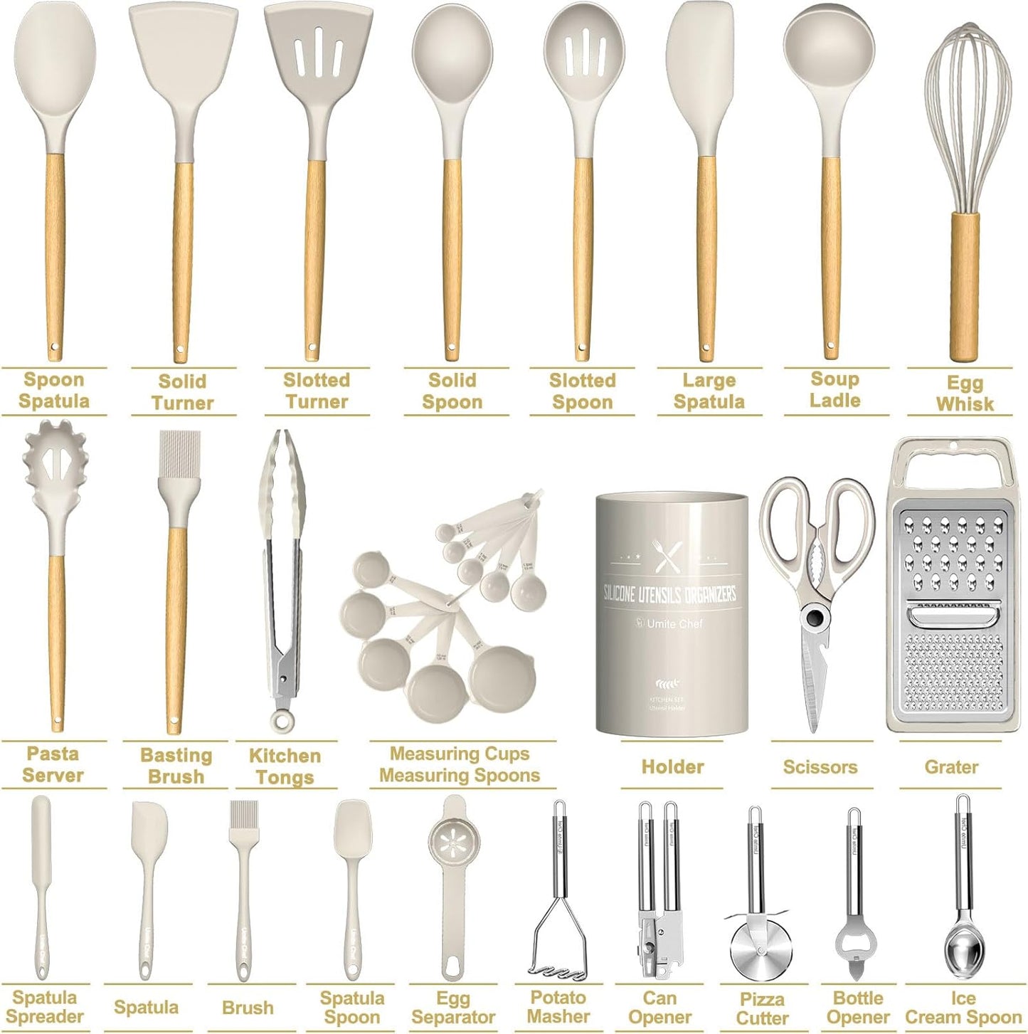 Thickened Silicone Cooking Utensils Set- Umite Chef Khaki Kitchen Utensils Set, 34PCS Heat Resistant Kitchen Gadgets Tools Set with Grater, BPA-Free Kitchen Spatula Set for Nonstick Cookware
