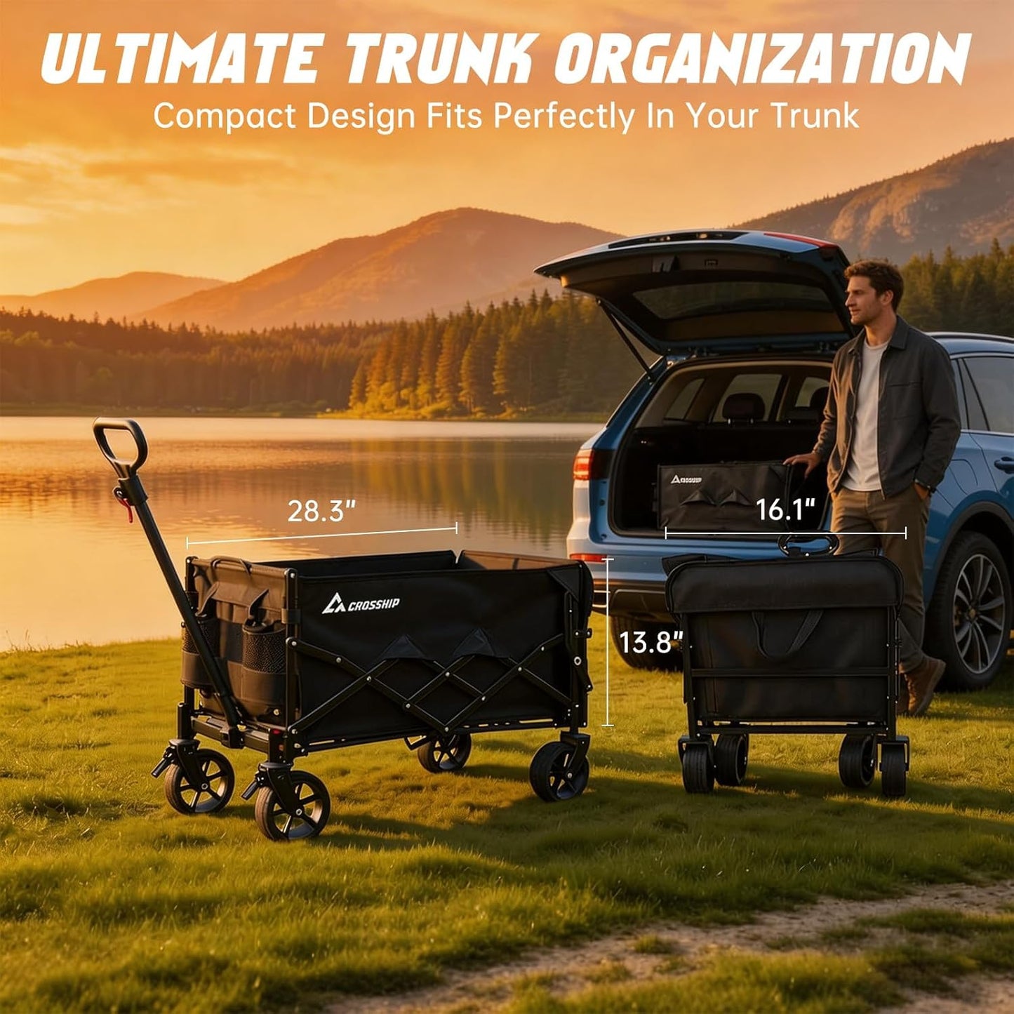 Collapsible Wagon Cart with Drop-Down Tailgate, 150L Heavy Duty Foldable Garden Cart 330 lbs Capacity, All-Terrain Wheels Utility Wagon for Beach, Camping, Long Items & Pet Transport