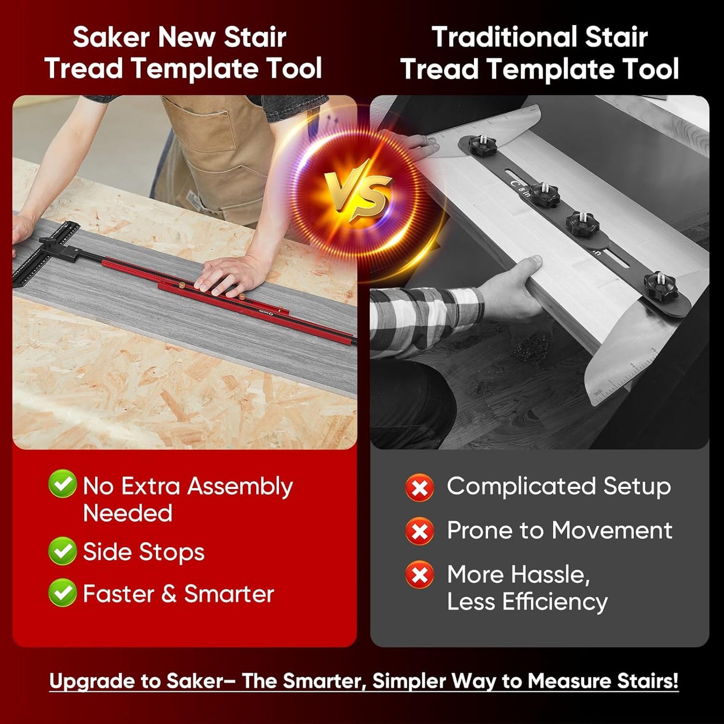 Saker Stair Tread Template Tool,2025 New Stair Measuring Tool,Stair Tread Jig for Measuring Stairs, Adjustable Length Aluminum Alloy Stair Gauge with Edge Stop Bars