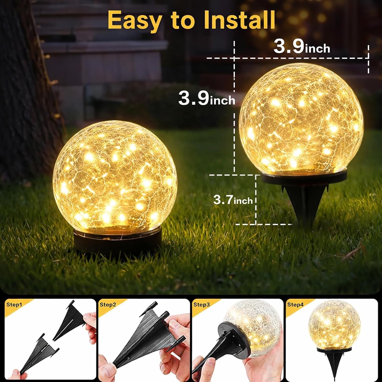 Solar Garden Lights Outdoor Waterproof, 6 Pack LEDs Cracked Glass Ball Light, Ground Landscape Garden Decor, Solar Globe Decorative for Pathway/Patio/Lawn/Yard, 3.9"