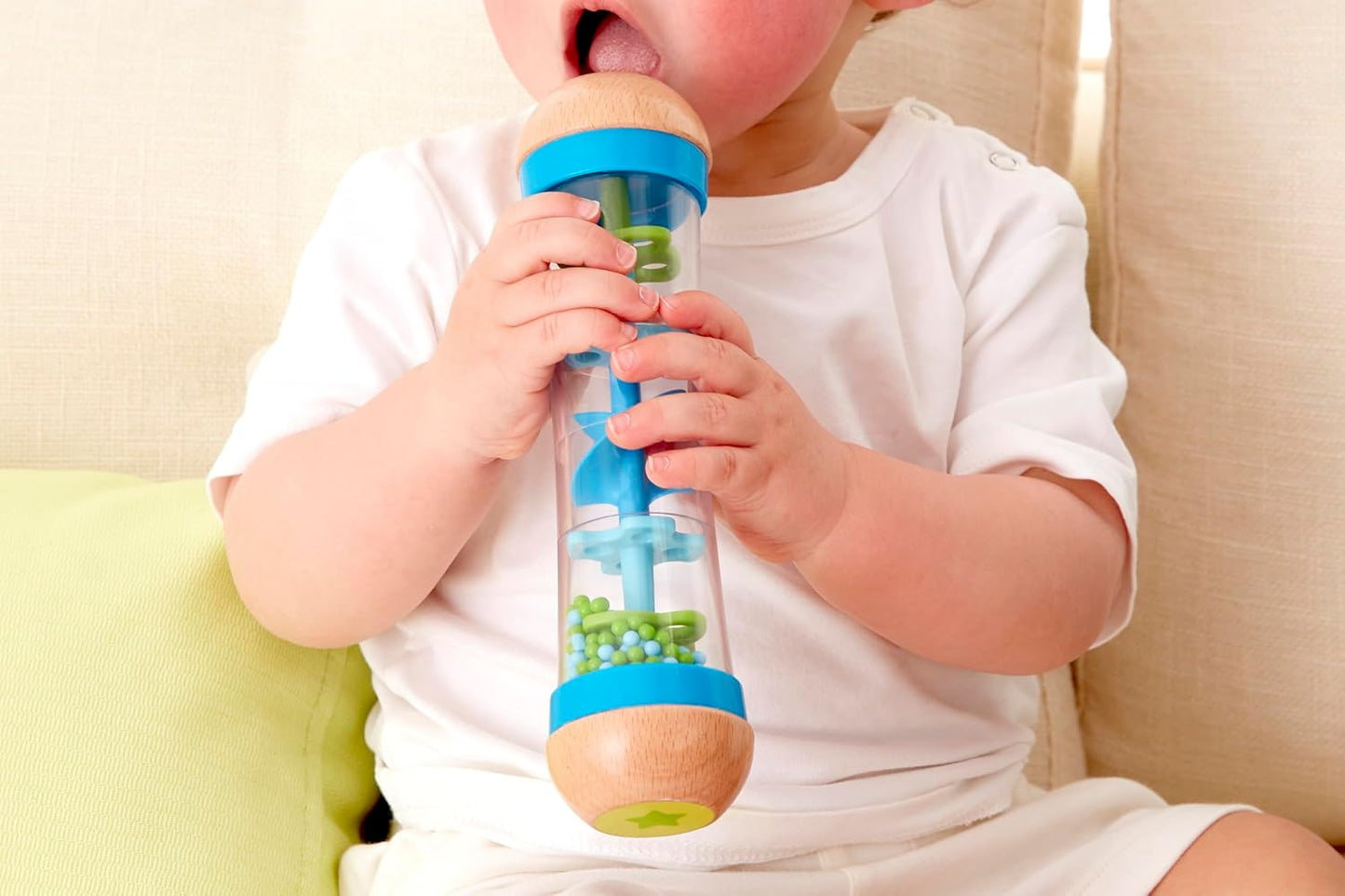 Hape Beaded Raindrops | Mini Wooden Musical Shake & Rattle Rainmaker Toy, Blue, Model Number: E0328B