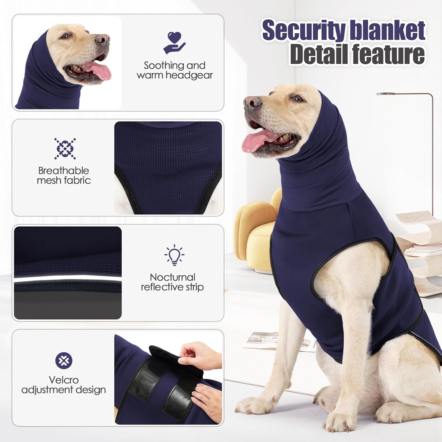 Dog Anxiety Jacket, Dog Shirt with Turtleneck, Breathable Calming Vest, Indoor and Outdoor Separated Pet Jacket (Navy Blue, X-Small)