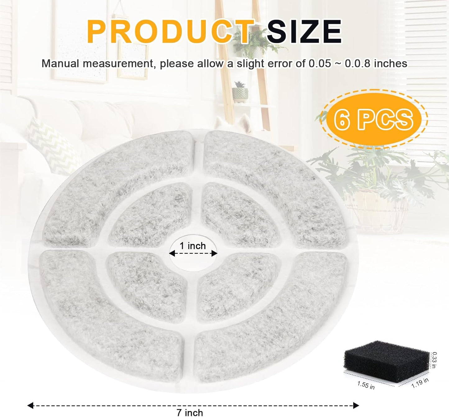7" Activated Carbon Dog Water Fountain Filters Compaitble with Sibays 2.5Gal/9.5L and for Kastty 9L Dog Cat Water Fountain Filter Pet Fountain Filter Replacement with 6 Pump Filters