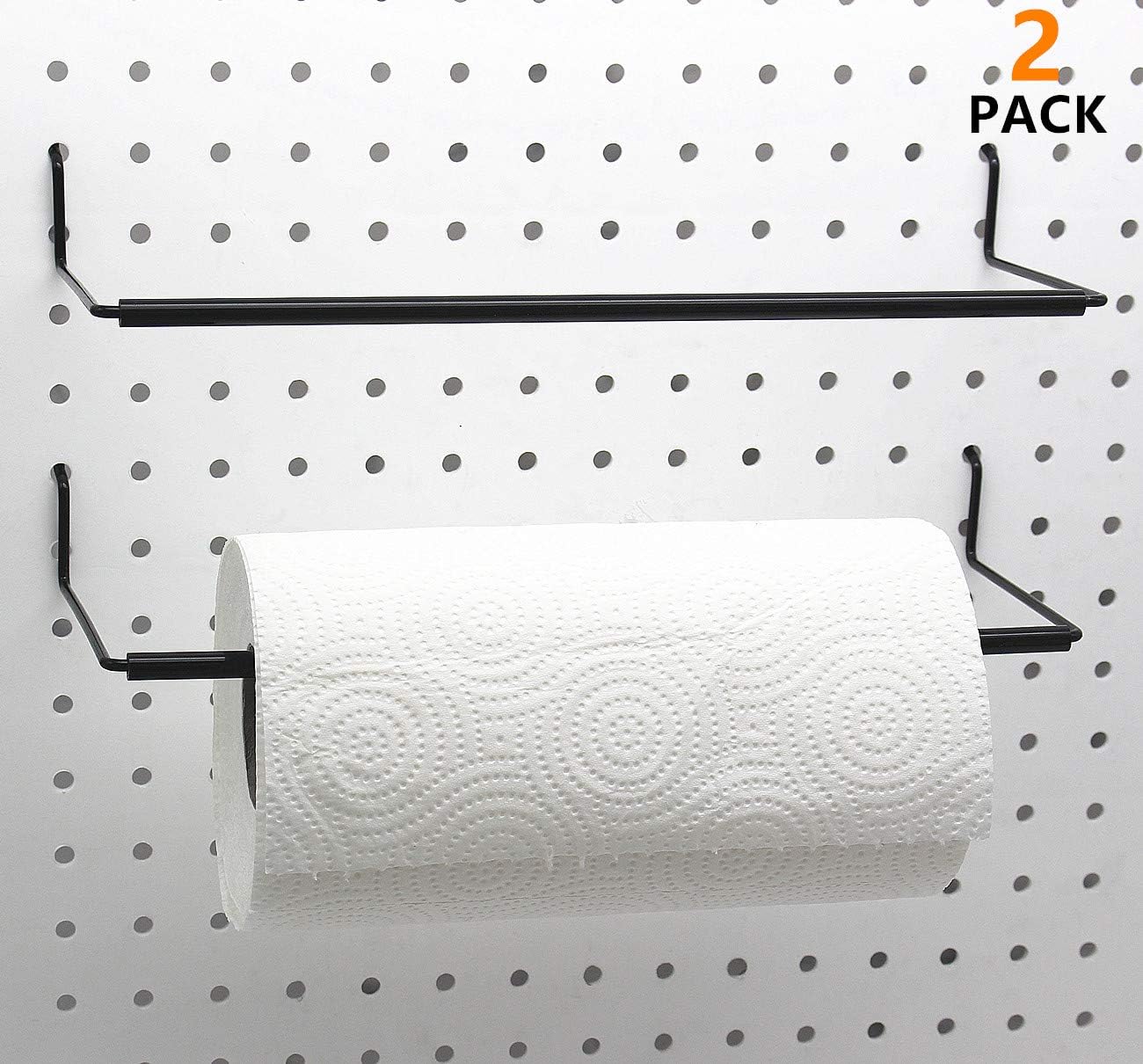 Paper Towel Holder for Pegboard, Extendable, Fit Any Standard Pegboard, Peg Board Organization Accessory Hook for Workshop, Garage, Kitchen, Laundry Room, Bathroom 2 Packs, Black (2 PCS)