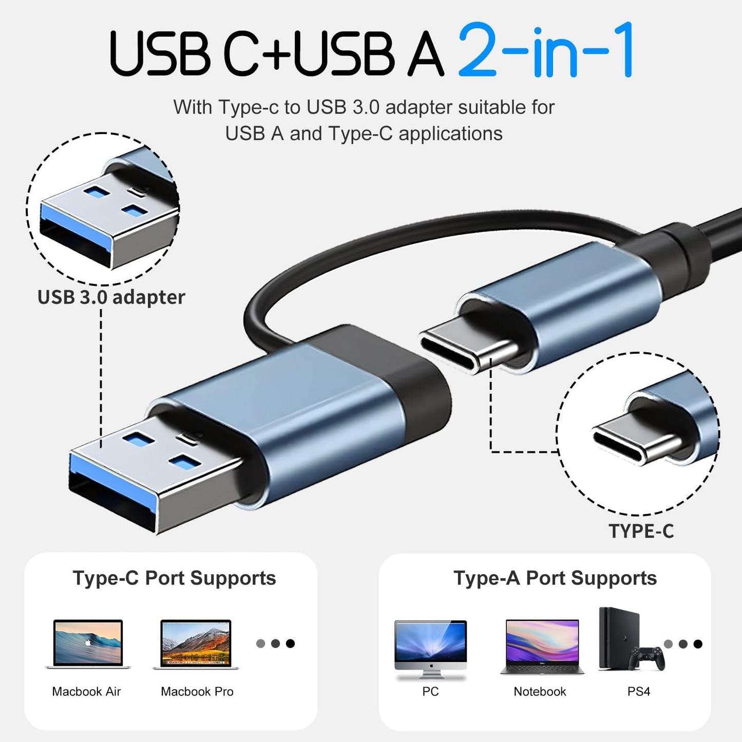 USB Hub 3.0,USB c hub,USB hub with Multiport Adapter, USB Splitter with 1xUSB 3.0,4xUSB2.0,2 x USB C,Hub for MacBook Pro/PC/Laptop/Tablet Devices (Grey 7in1)
