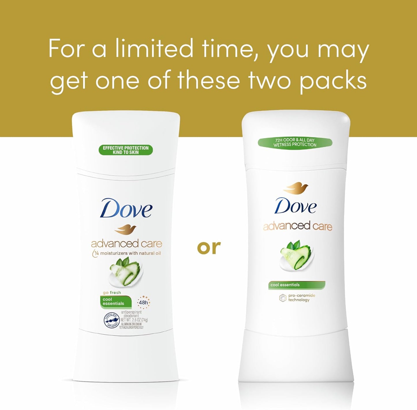 Dove Advanced Care Antiperspirant Deodorant Stick Cool Essentials 4 ct for helping your skin barrier repair after shaving 72 hour odor control and sweat protection with Pro Ceramide Technology 2.6 oz