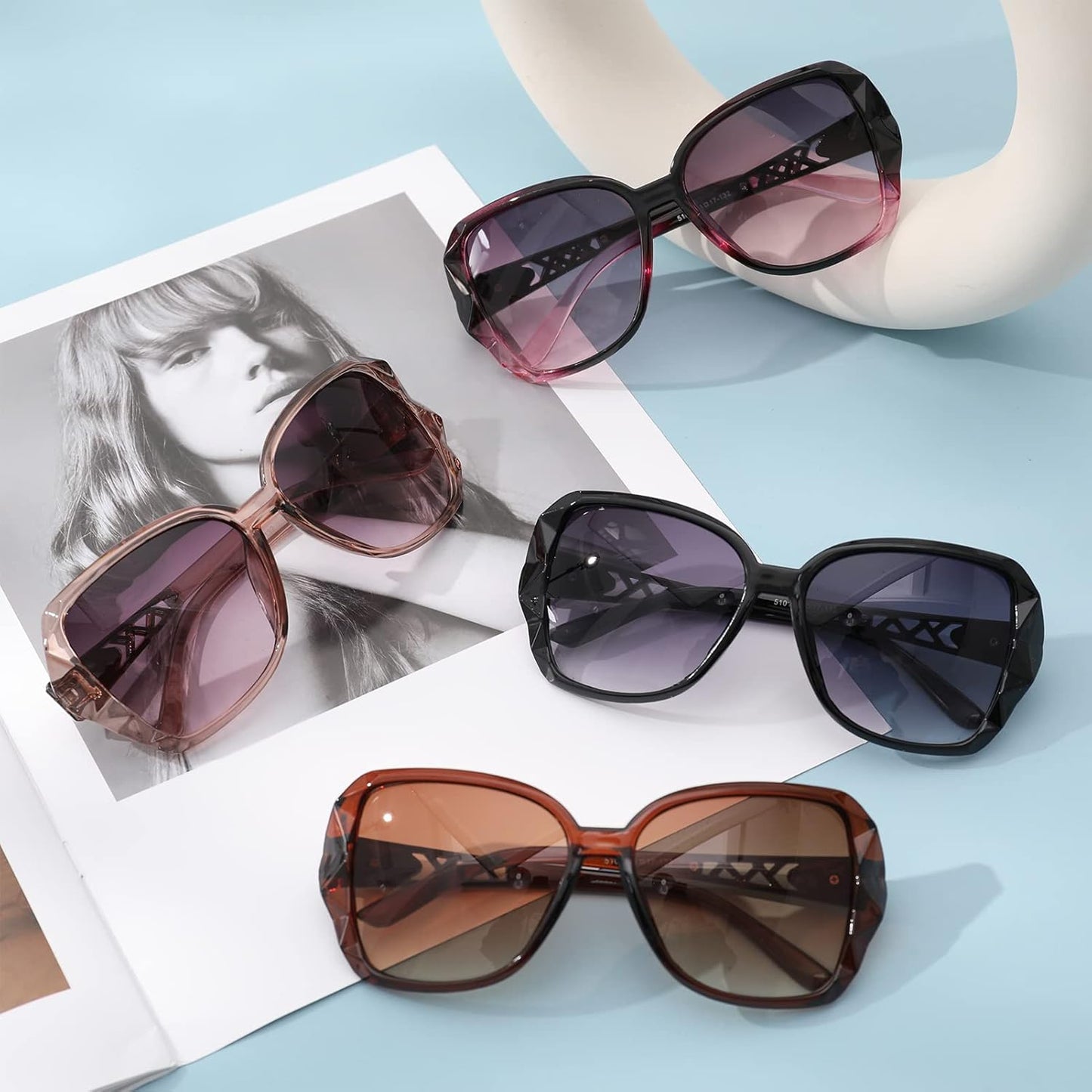 DragonflyDreams 4 Pcs Women Large Sunglasses, UV 400 Glasses Oversized Classic Trend Ladies Sunglasses Sparkling Large Frame