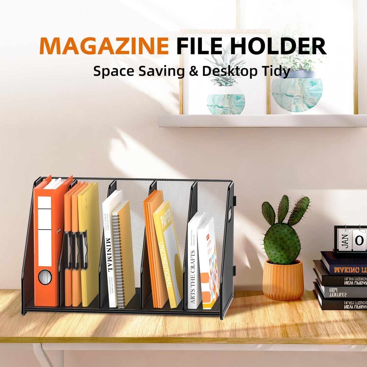SUPEASY Binder Organizer, Magazine File Holder with 5 Vertical Compartments Rack, Metal Desk File Organizer & Binder Holders, Magazine Organizers for Office Desktop, Home, School (Black)