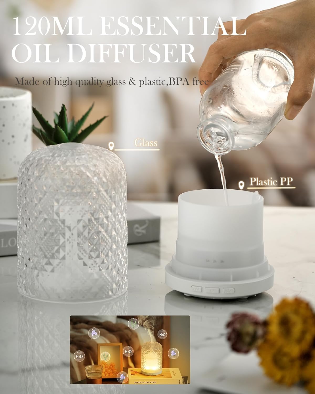 Essential Oil Diffuser - 2.4MHz Ultrasonic Glass Diffuser for Home, 120ml, Pulse&Continuous Mist, Bright/Dim/Breathing Lighting, Waterless Auto-Off, Aromatherapy Diffuser with USB Cable
