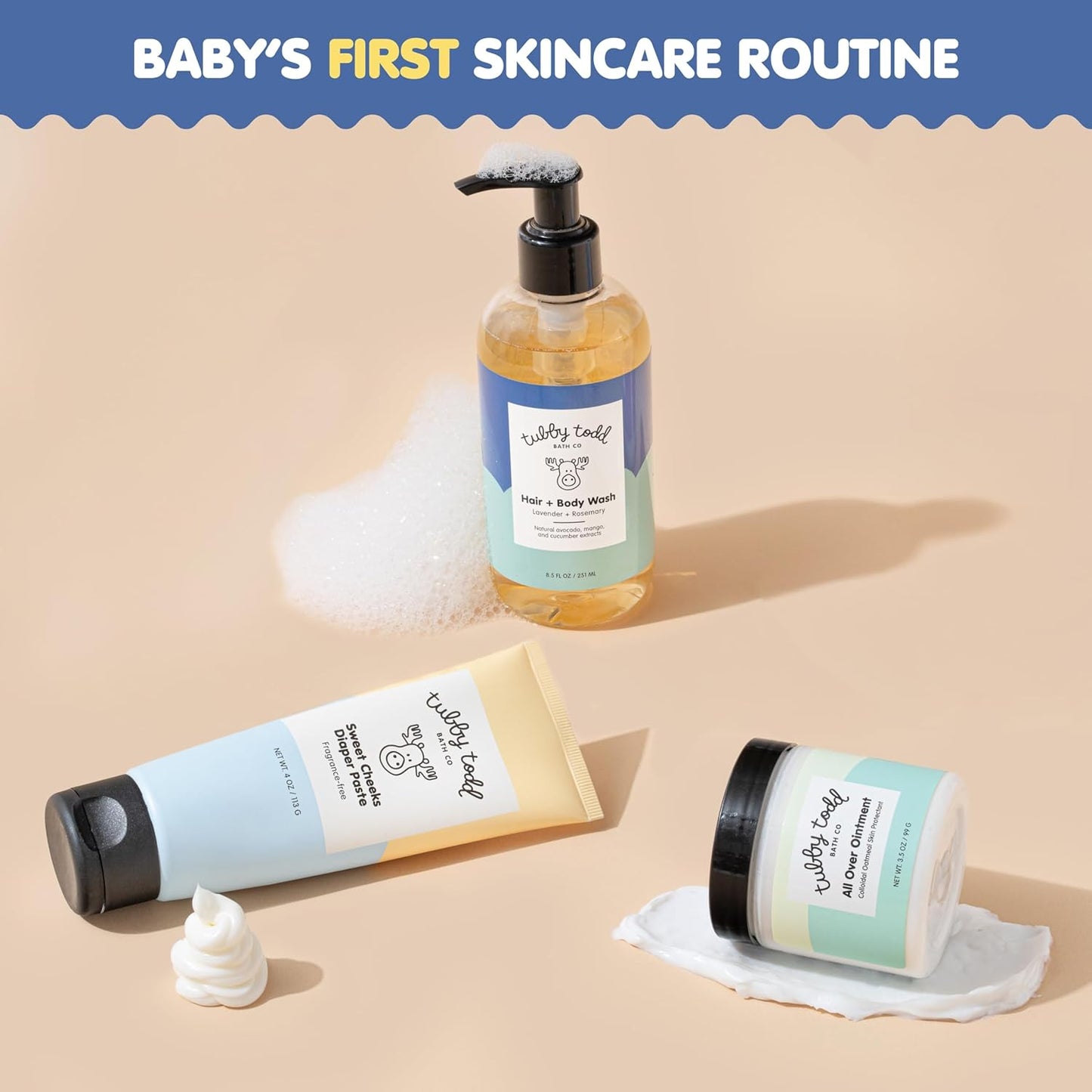 TUBBY TODD Baby Bundle Newborn Skin Care Set - Hypoallergenic Hair + Body Wash, All Over Ointment with Colloidal Oatmeal, Sweet Cheeks Diaper Paste - Fragrance Free, Standard Size