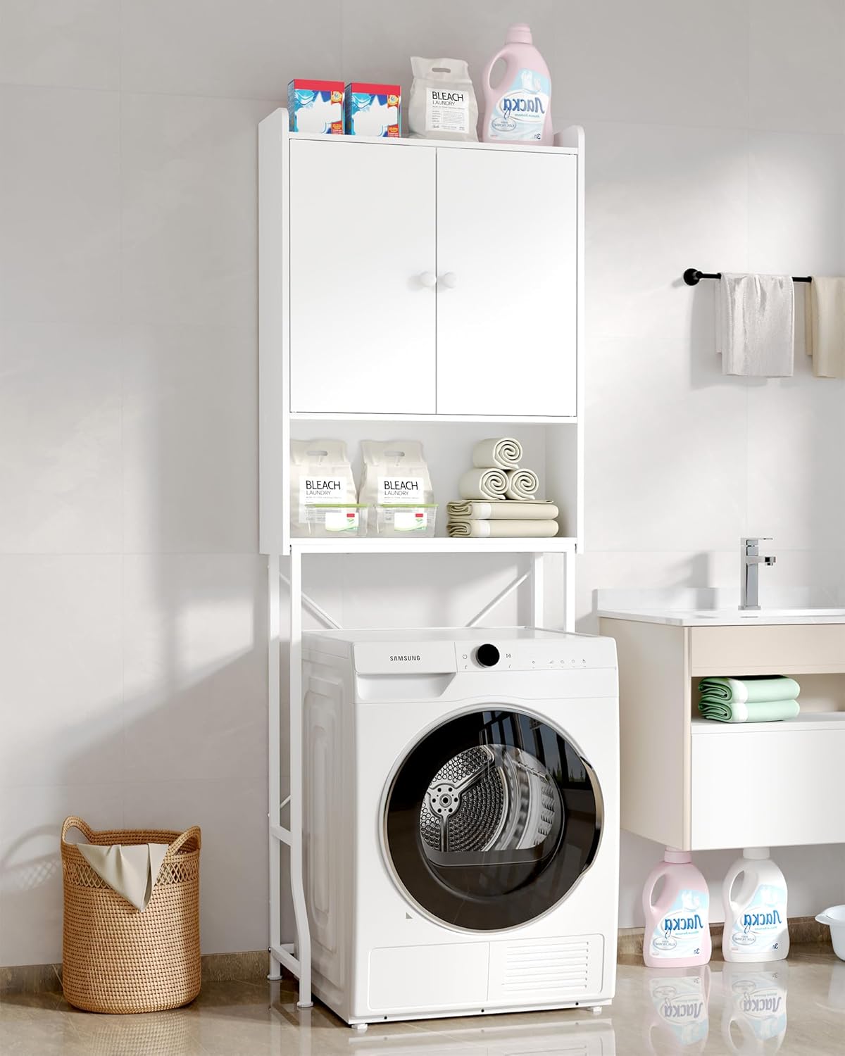 Kitsure Over The Toilet Storage Cabinet - 3 Tier Bathroom Organizers and Storage Solution with Adjustable Shelf & Bottom Bar, Anti-Tip Bathroom Storage Cabinet, White, 3 Tiers (68.1" H)