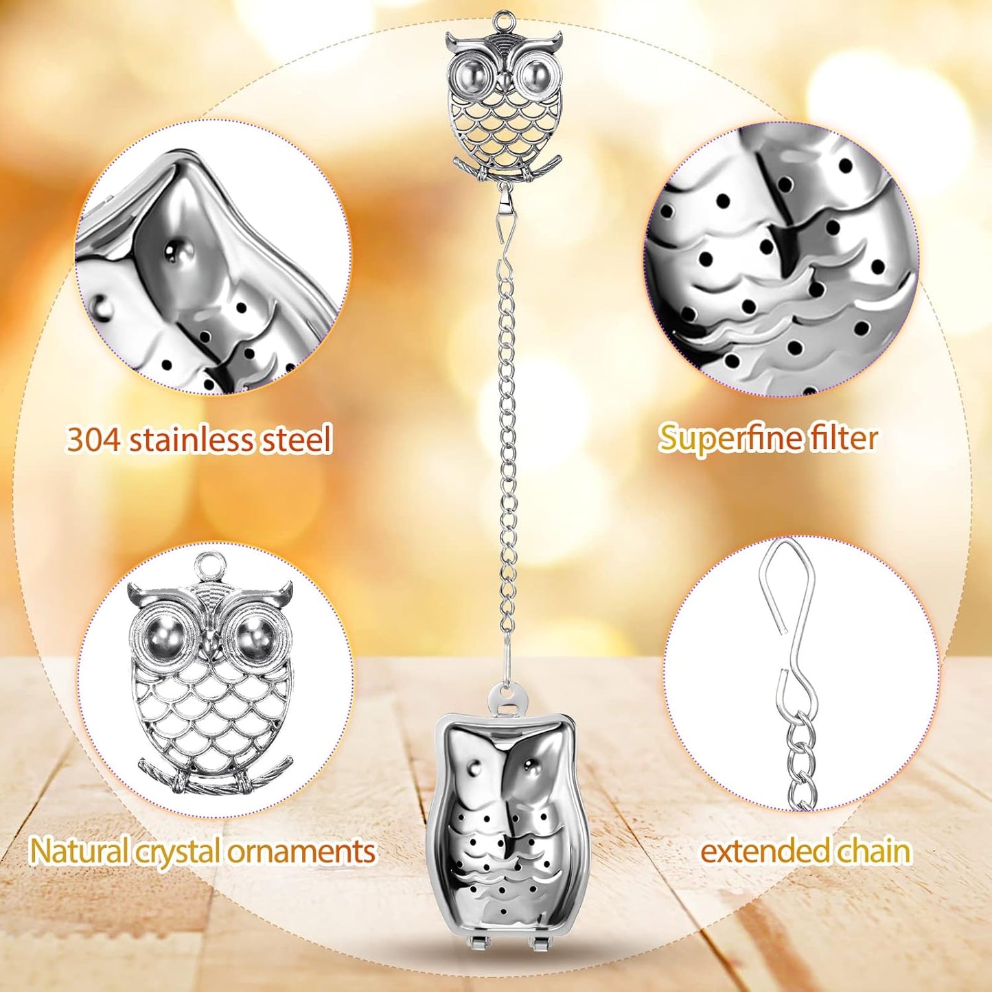 Cunhill 4 Sets Loose Tea Infusers Stainless Steel Teaballs Cute Tea Strainers Steeper Filters with Crystal Stone Pendants and Drip Tray Teacups Accessories(Funny Style)