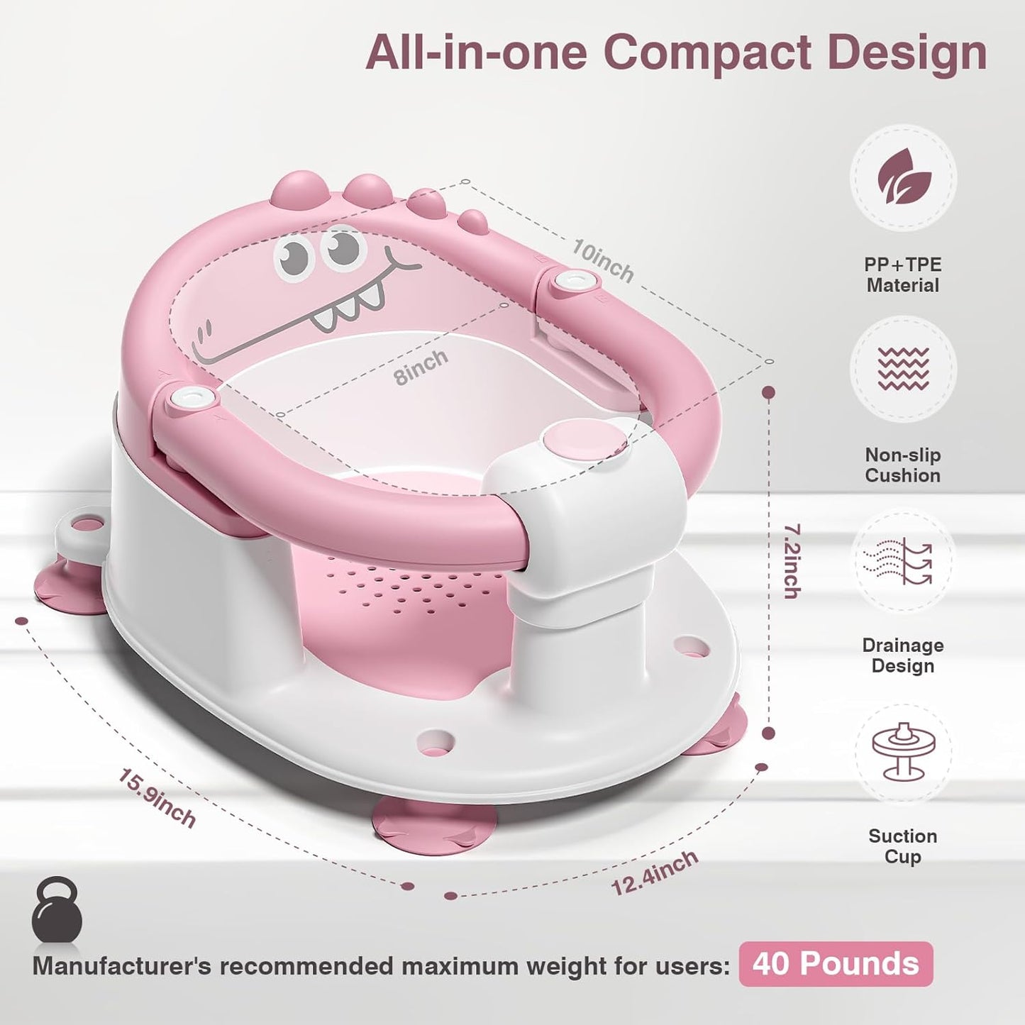 Baby Bath Seat for Babies 5 Months & Up - Non-Slip Bath Seat for Sitting Up, Soft Cushion & Compact Design, Toddler Bathtub Seat