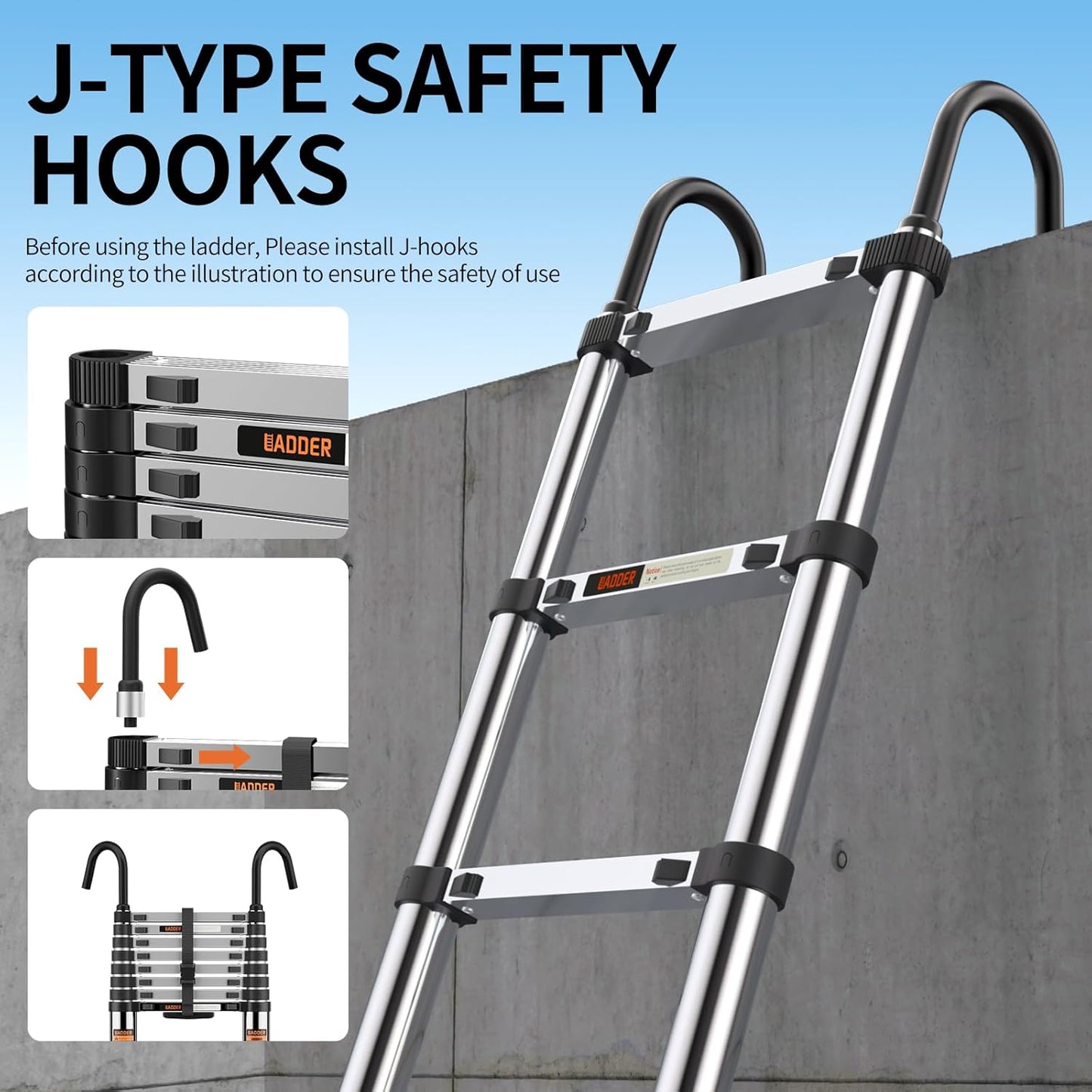 Telescoping Ladder,with Stable Hook and stabilizer barand,12.5 FT Extension Ladder, Heavy Duty 330lbs Max Capacity, Multi-Purpose Collapsible Ladder for RV or Outdoor Work (3.8M/12.5FT)