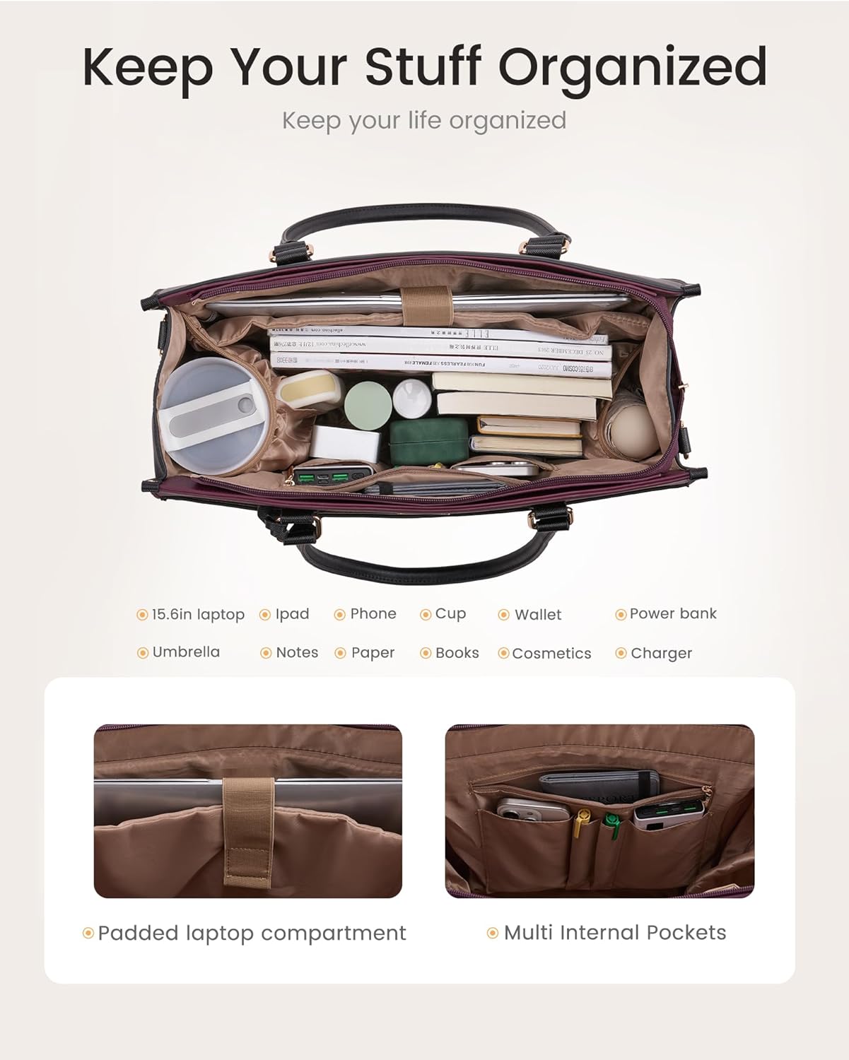 LOVEVOOK Laptop Bag for Women, 2-in-1 Tote Purse with Clutch & Cup Holder, Waterproof Briefcase for Work Travel