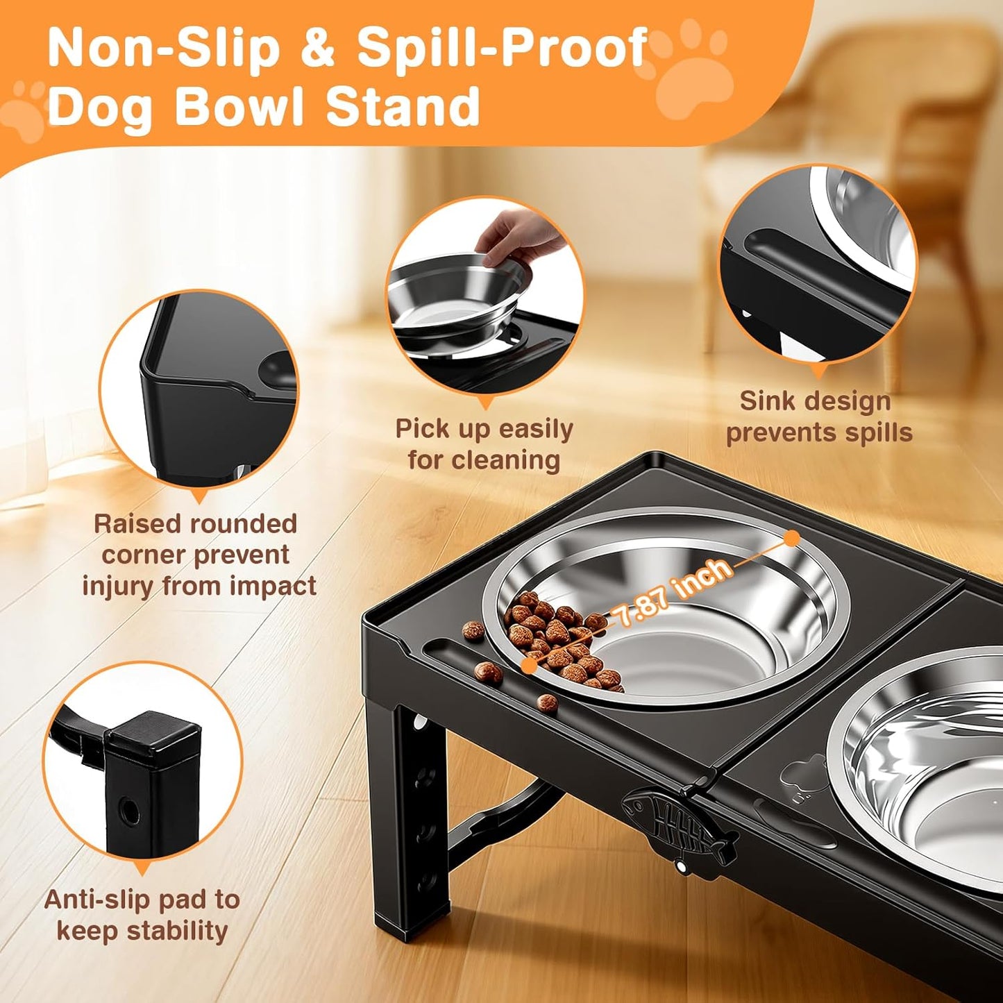 Elevated Dog Bowls Stand with 5 Heights from 3.8" to 13.4", Raised Dog Bowl Suitable for Medium & Large Sized Dogs, Adjustable Pet Food Stand with 2 Stainless Steel Bowls, Foldable Feeder, Black