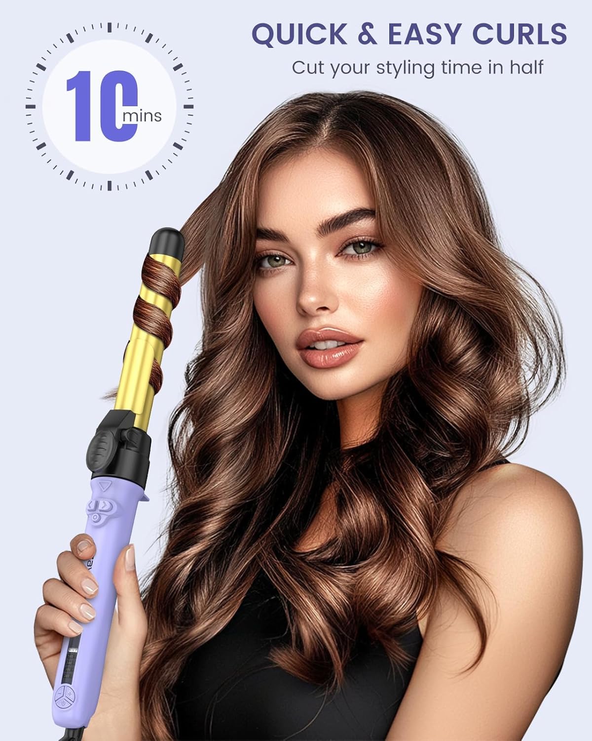 Rotating Curling Iron Set for Long Hair, Automatic Curling Wand Easy to Use Get Beach Waves 3 Interchangeable Ceramic Barrels 0.75" 1" 1.25", 5 Heat Settings up to 430°F, Dual Voltage