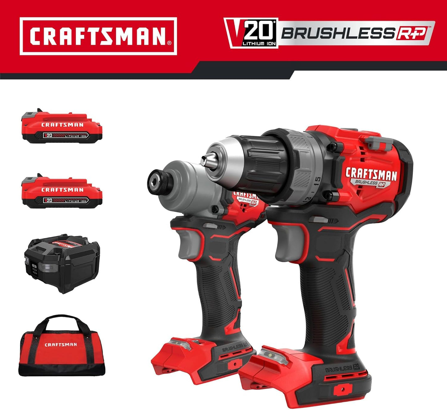 CRAFTSMAN 20V RP Cordless Drill Driver and Impact Driver, Brushless 2-Tool Power Tool Combo Kit, LED Work Light, Includes Battery and Charger (CMCK2530C2)