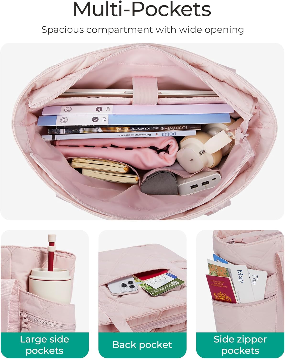 BAGSMART Crush Tote Bag for Women, 20L Puffer Work Tote with Zipper, Travel Essentials Quilted Nurse Hospital Bag